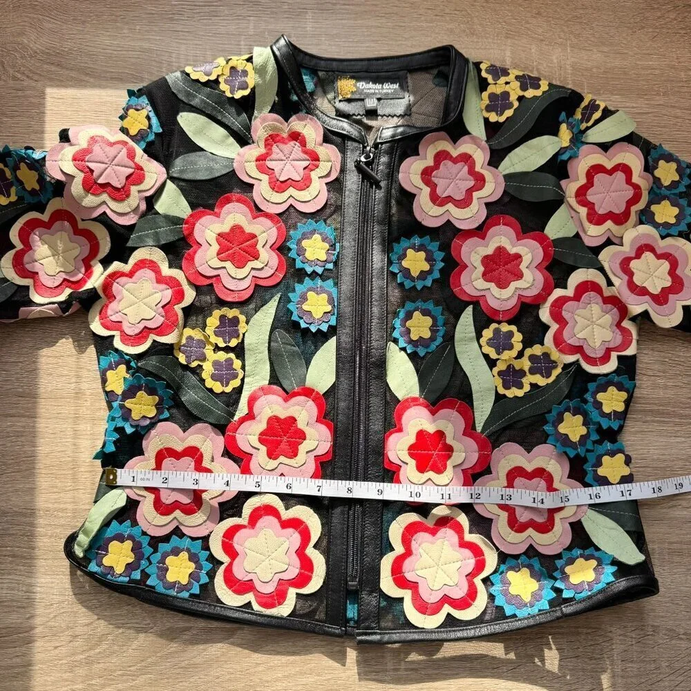 Dakota West Short Art Deco Leather Jacket Black Floral Medium